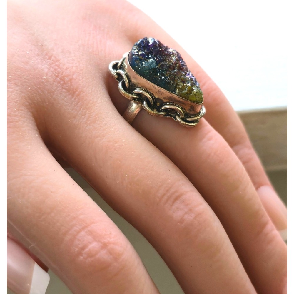 Sterling Silver Peacock Druzy Ring Size 7 Artisan Rainbow Crystal Statement Ring - Picture 9 of 9